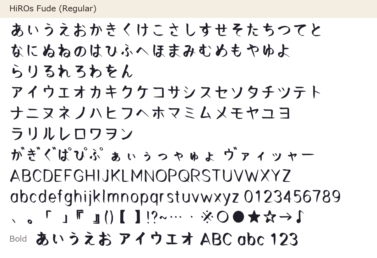 Characters in HiROs Fude: brush-style Hiragana, Katakana, Latin letters, numbers, symbols and a Bold sample