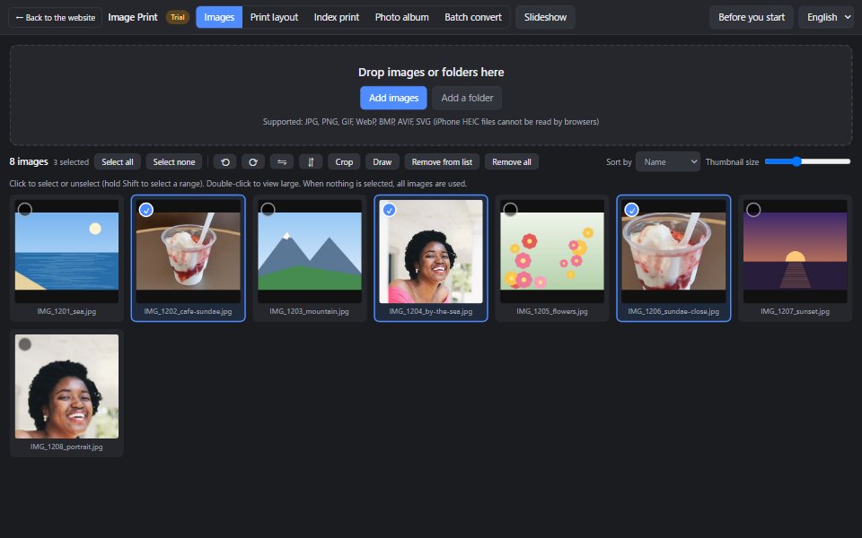 The image list in Image Print. Photos from a folder are shown as thumbnails, and three are selected