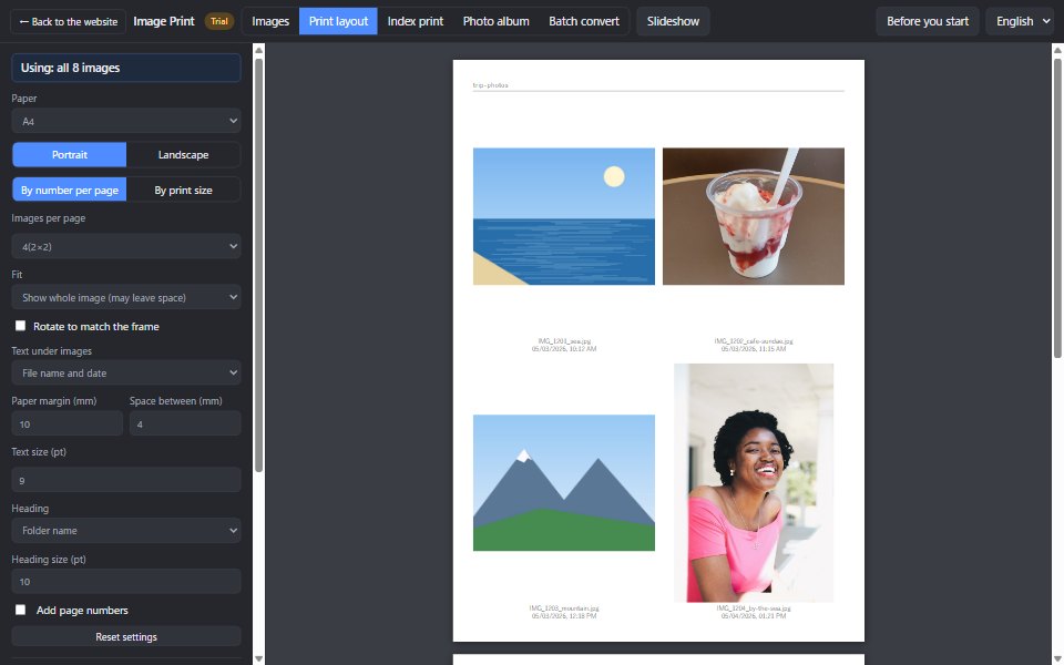 The print layout screen. Paper and layout settings on the left; a preview of four photos on A4 on the right