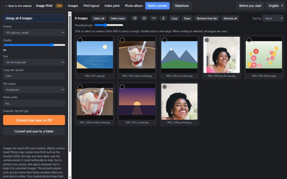 The batch convert screen. Format, quality, size and file name settings on the left; the photos to convert on the right