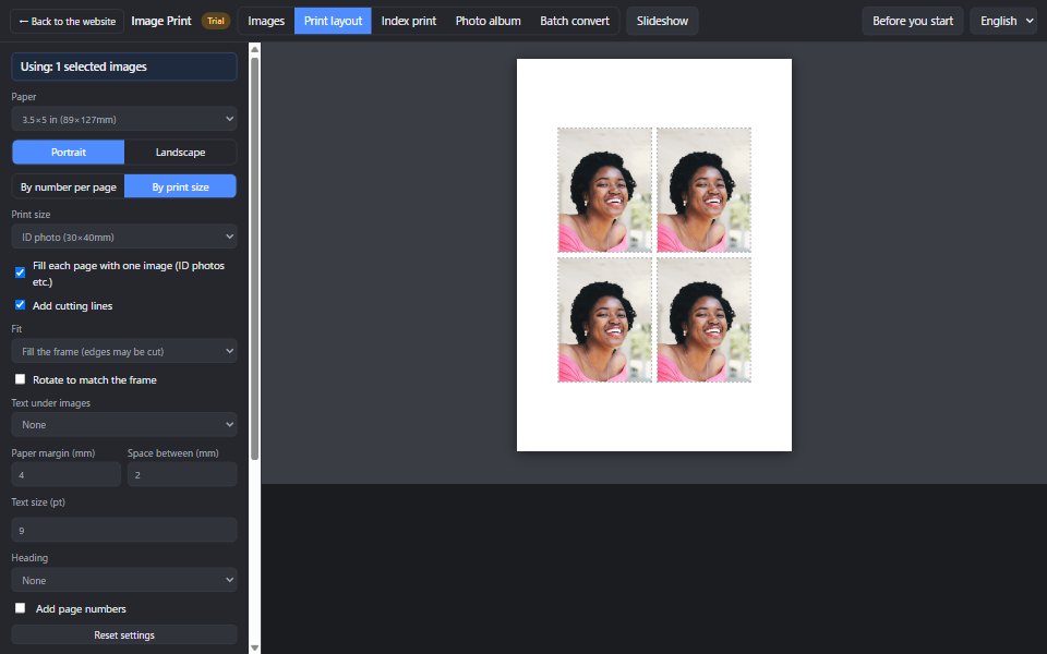 Four 30 by 40 mm ID photos with cutting lines on 3.5 by 5 inch paper
