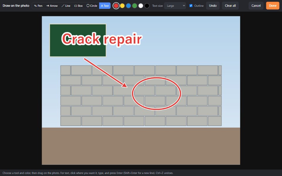The draw screen. A block wall photo with a red arrow, a circle and the text Crack repair