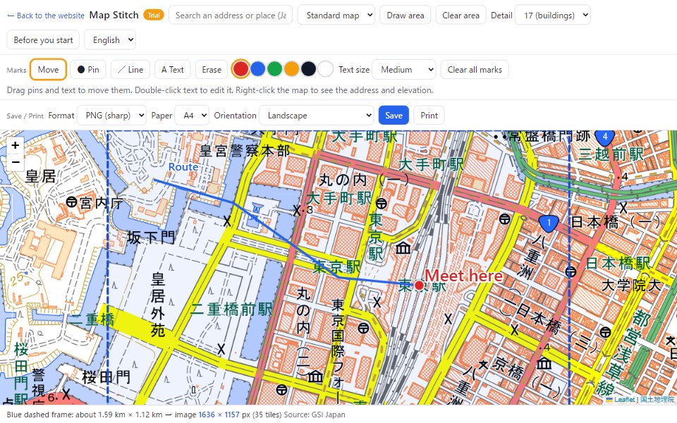 A map around Tokyo Station with a red pin and the text Meet here, and a blue route line toward the Imperial Palace. A blue dashed frame shows the area to be saved