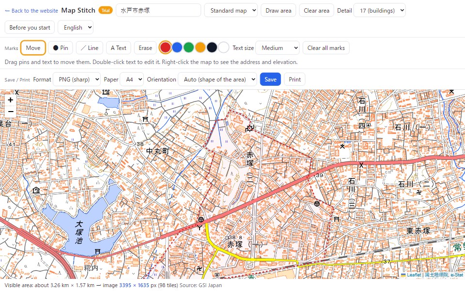 Searching Akatsuka in Mito: the area of Akatsuka 1-chome and 2-chome is outlined with a red dotted line