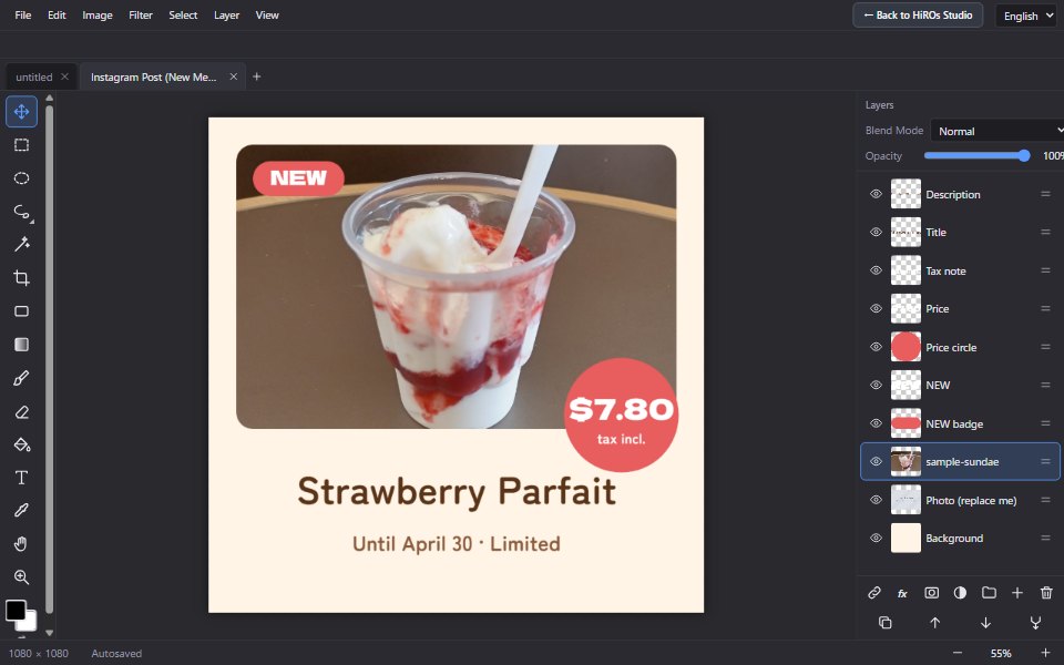 The Web Photo Editor workspace: an Instagram post template with a parfait photo, and the layer list on the right