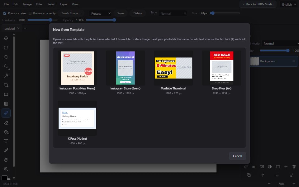 The New from Template dialog with five templates: Instagram post, Instagram story, YouTube thumbnail, shop flyer and X post