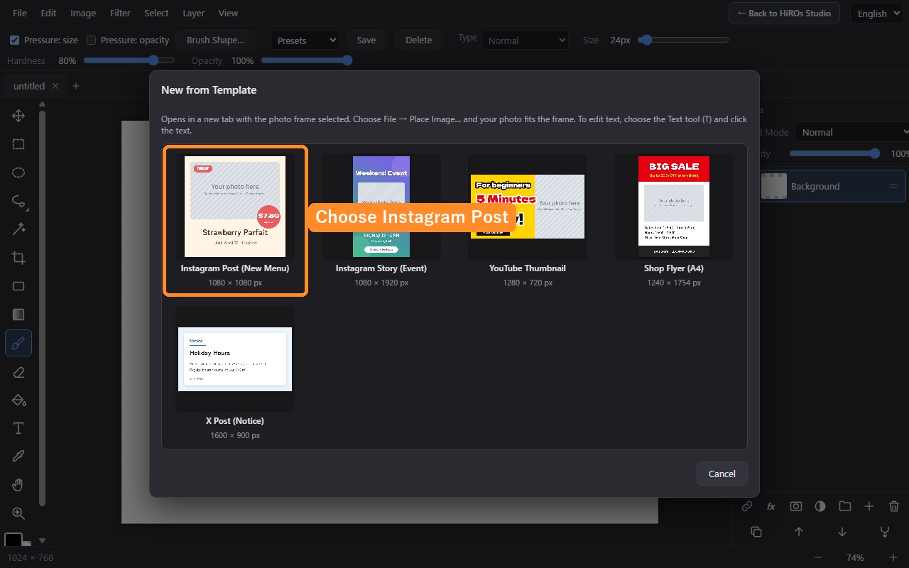 The template list: Instagram post, story, YouTube thumbnail, flyer and X post