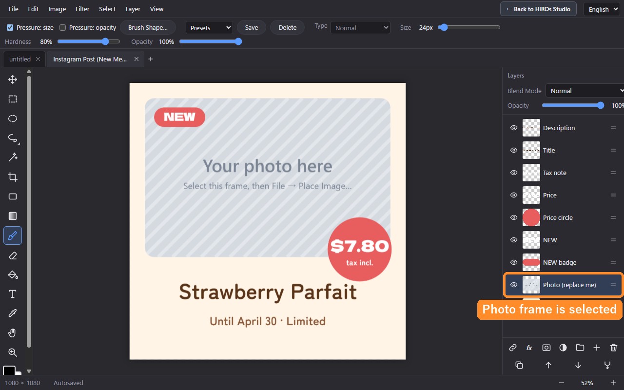 The opened template. The photo frame layer is selected in the layer list