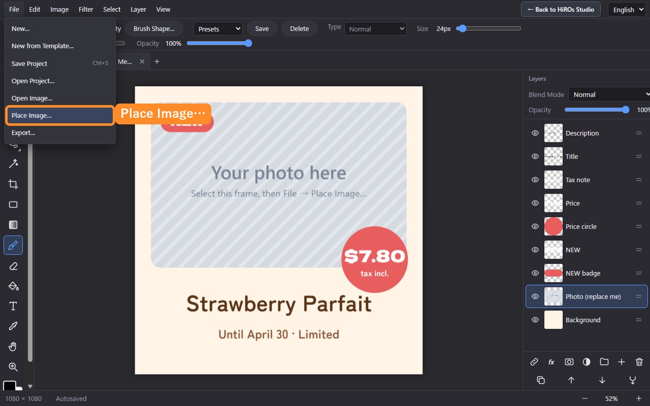 Choosing Place Image in the File menu
