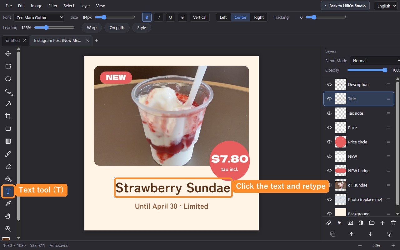 Clicking the title with the Text tool and retyping it as Strawberry Sundae