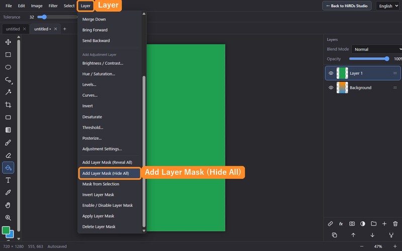 The bottom of the Layer menu: Add Layer Mask (Reveal All), Add Layer Mask (Hide All), Mask from Selection, Invert, Enable/Disable, Apply and Delete Layer Mask