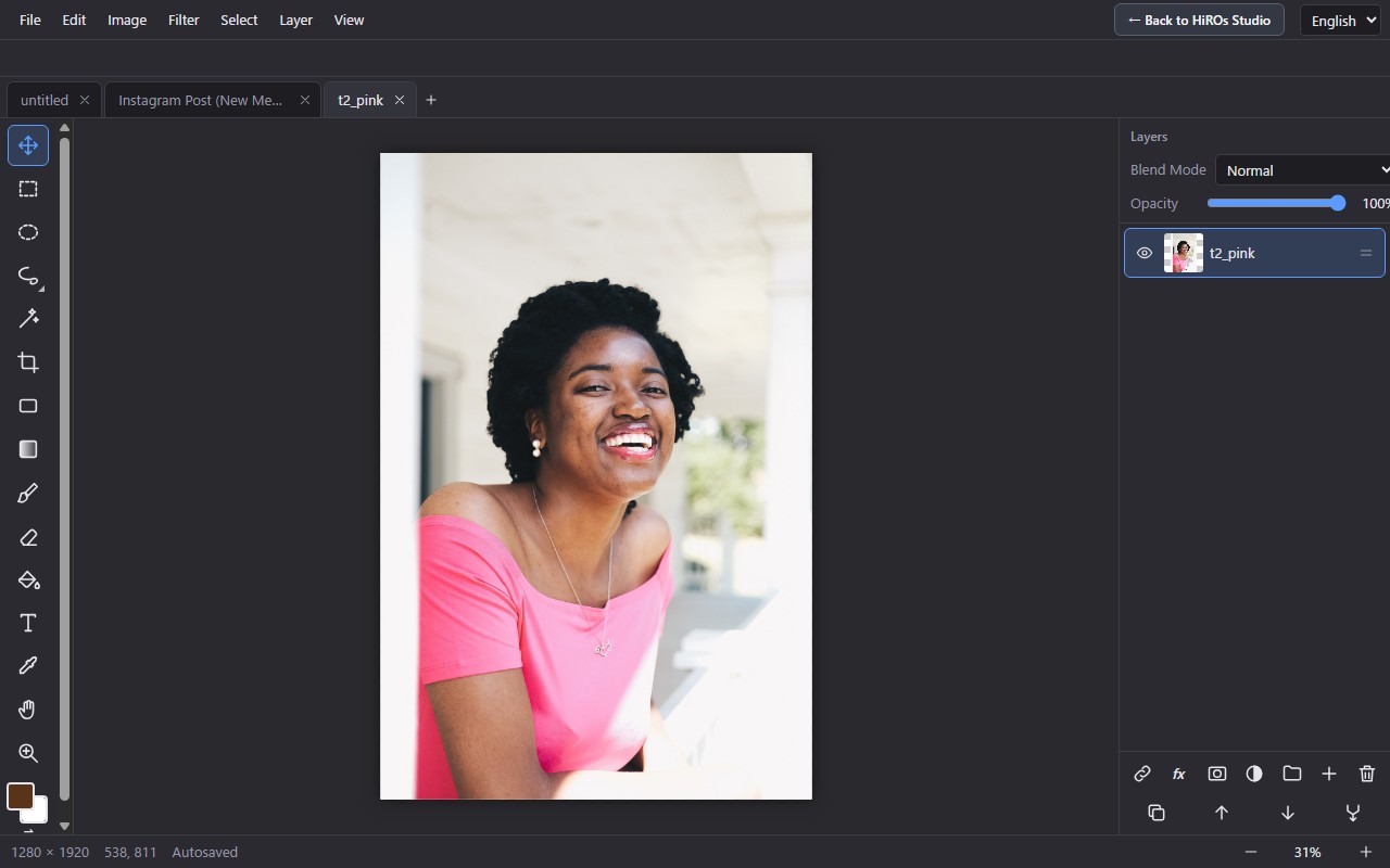 The photo editor with a portrait photo opened