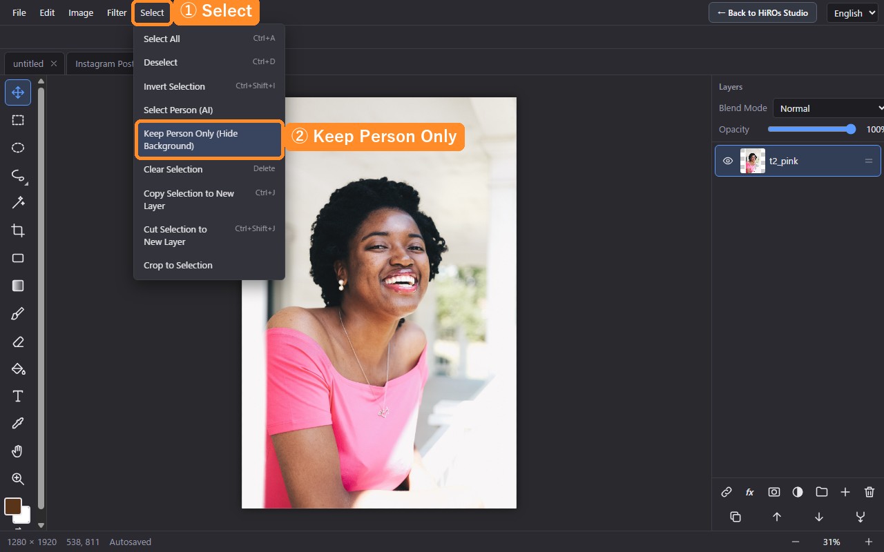 The Select menu is open and Keep Person Only (Hide Background) is highlighted