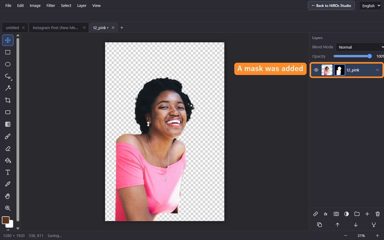 The background is transparent and only the person remains. The layer now has a mask