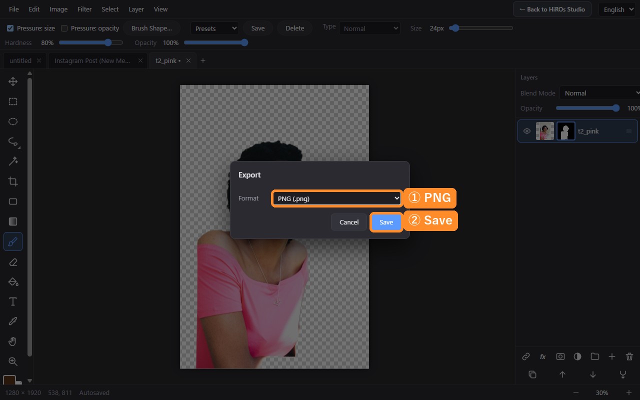 The Export dialog with PNG selected and the Save button