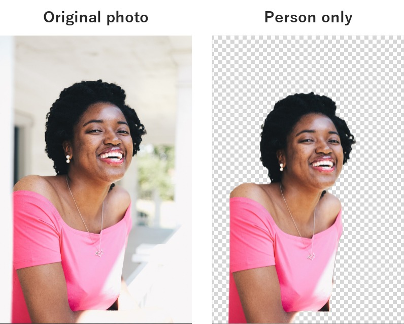 Left: the original photo. Right: the same photo with only the person kept and the background removed