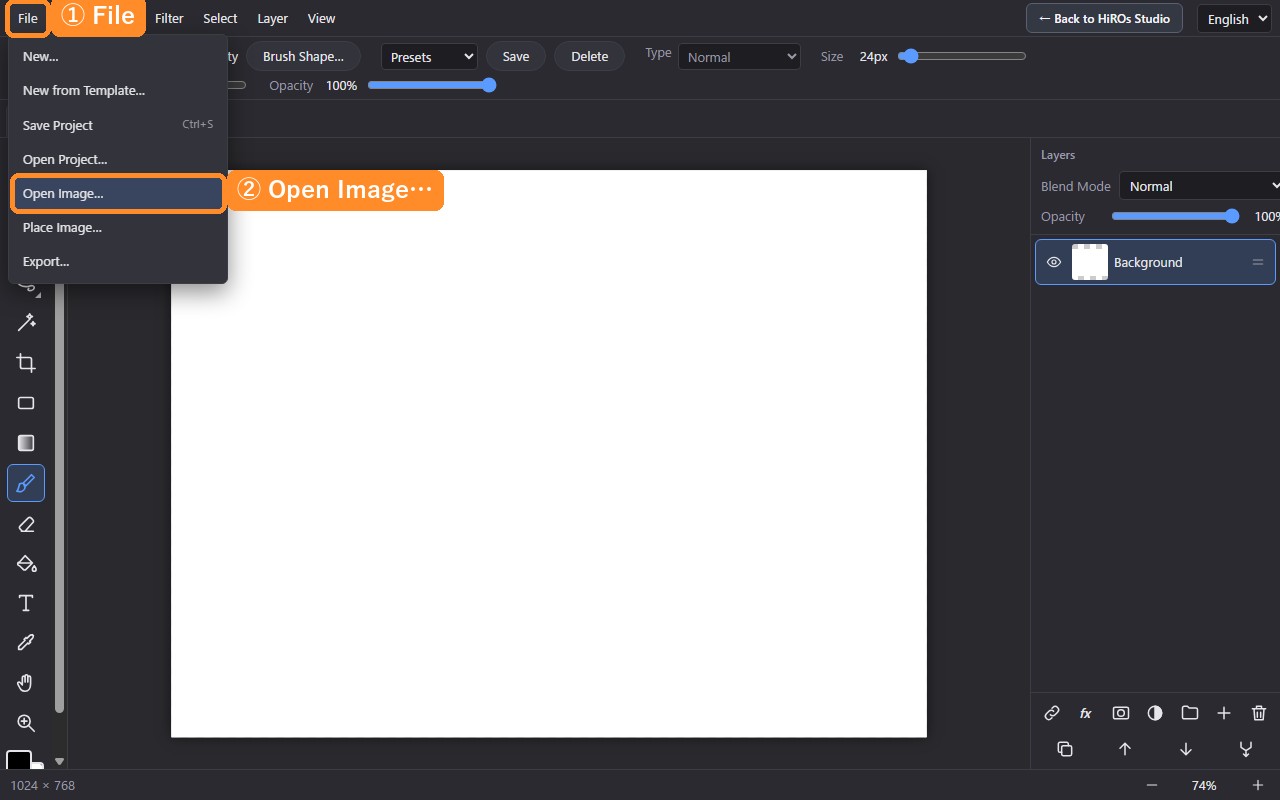 The photo editor with the File menu open and Open Image highlighted
