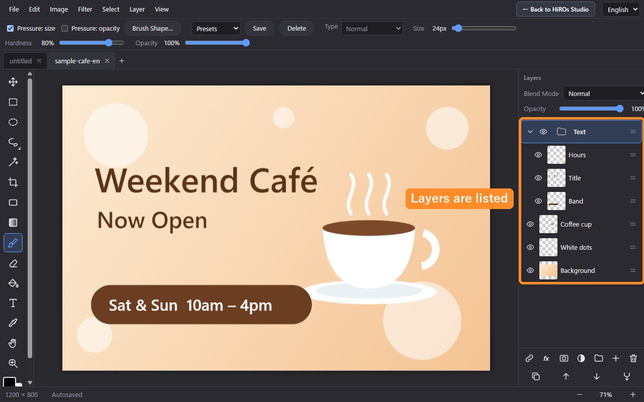 The practice PSD opened. The Layers panel shows the Text folder with Hours, Title and Band, then Coffee cup, White dots and Background