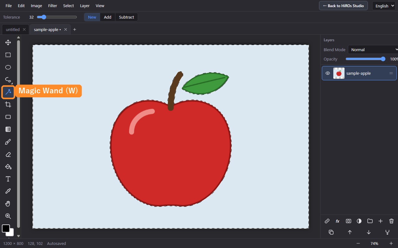 The Magic Wand clicked on the apple's background; only the background is selected, with a dotted line around the apple