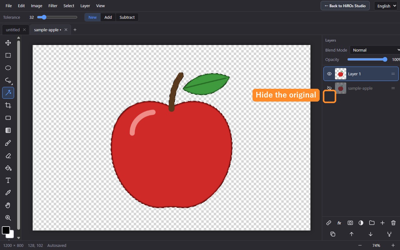 With the original layer hidden, only the apple remains on a transparent background. The Layers panel shows Layer 1 and the original layer