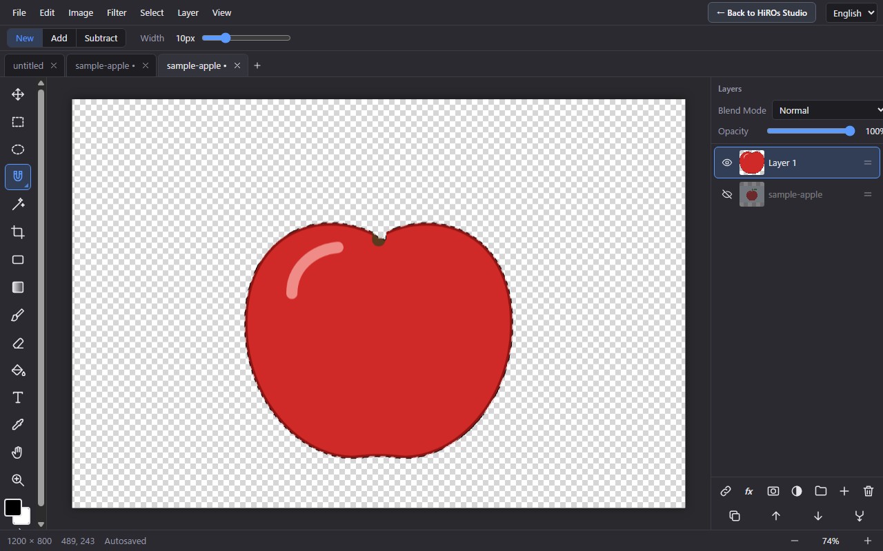 The apple cut out with the Magnetic Lasso; only the base of the stem remains
