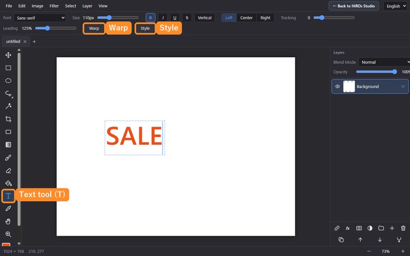 The Text tool selected. The bar at the top shows font, size, B I U S, Vertical, Warp, On path and Style