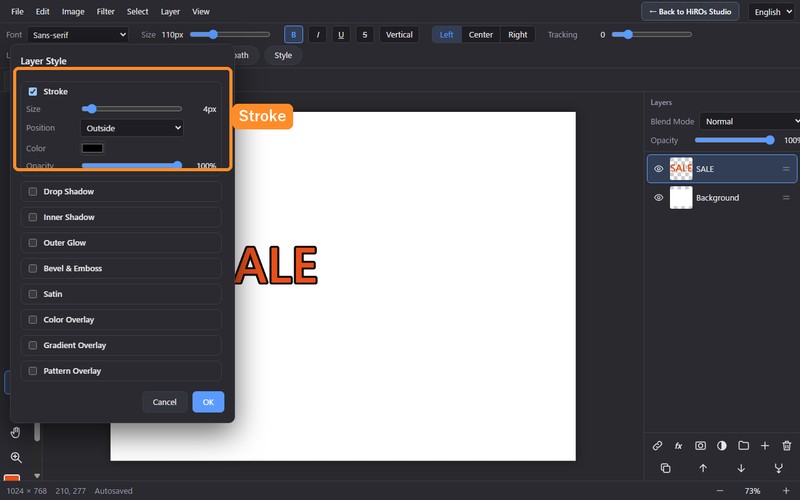 The Layer Style dialog with Stroke ticked and its size, position, color and opacity settings