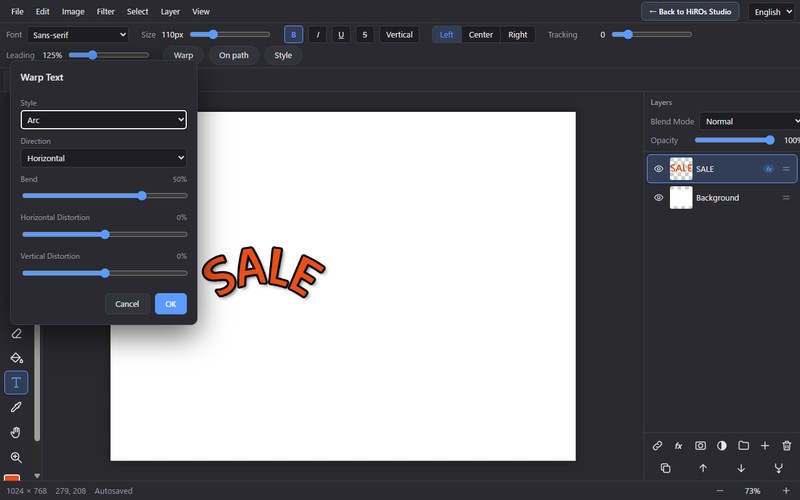 The Warp Text dialog with Arc style, Horizontal direction and the Bend slider