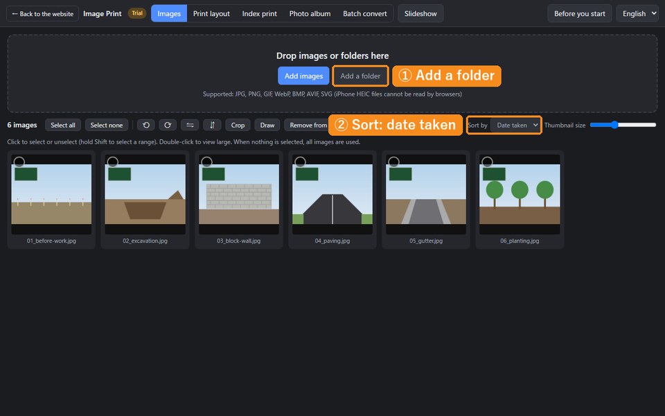 Six site photos in date order in the list, with the Add a folder button and the Sort by field marked