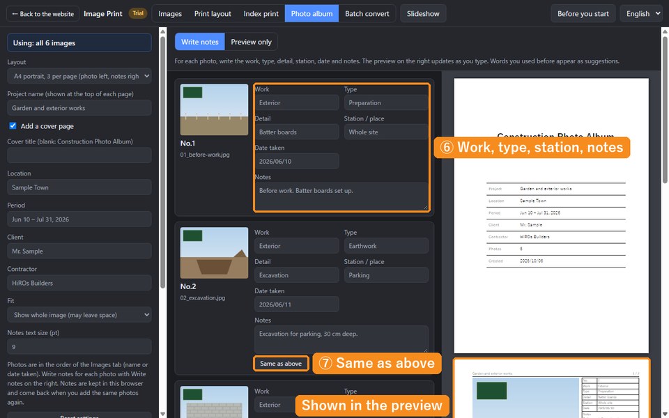 The notes screen. Work, type, detail, station, date and notes fields for each photo, the Same as above button, and a page preview on the right