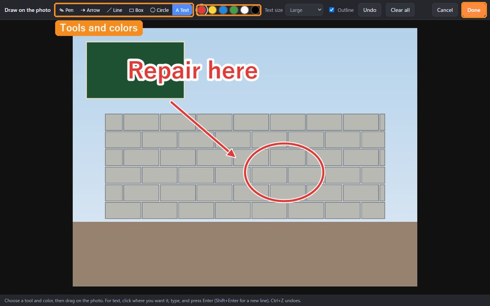 The draw screen. A block wall photo with a red arrow, a circle and the text Repair here