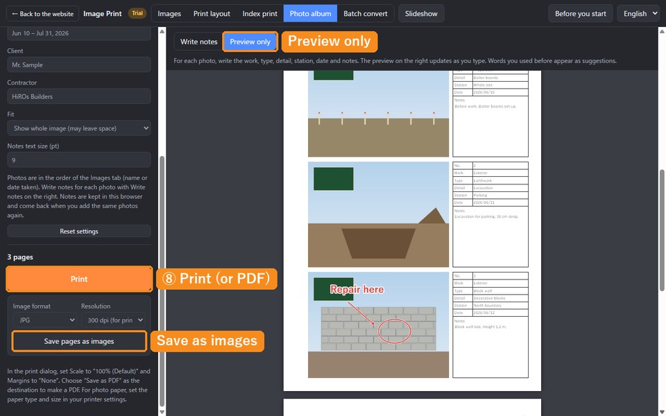 The Preview only screen. Three photos with notes tables on A4 portrait, and the Print and Save pages as images buttons on the left