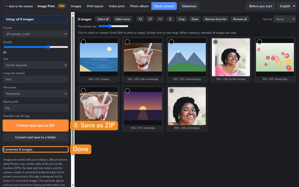 The Convert and save as ZIP button and the message Converted 8 images