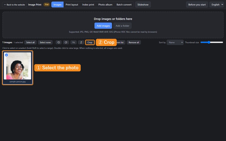 One portrait photo selected in the list, with the Crop button marked