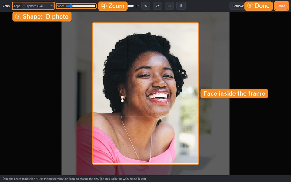 The crop screen with the ID photo shape, the Zoom slider, the face inside the white frame and the Done button marked