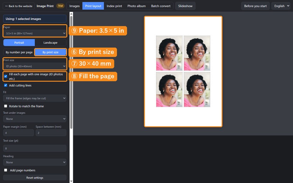 The print layout screen with By print size, 30×40 mm, Fill the page and 3.5×5 in paper marked, and a preview of four ID photos