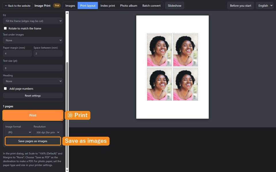 The Print button and the Save pages as images button marked