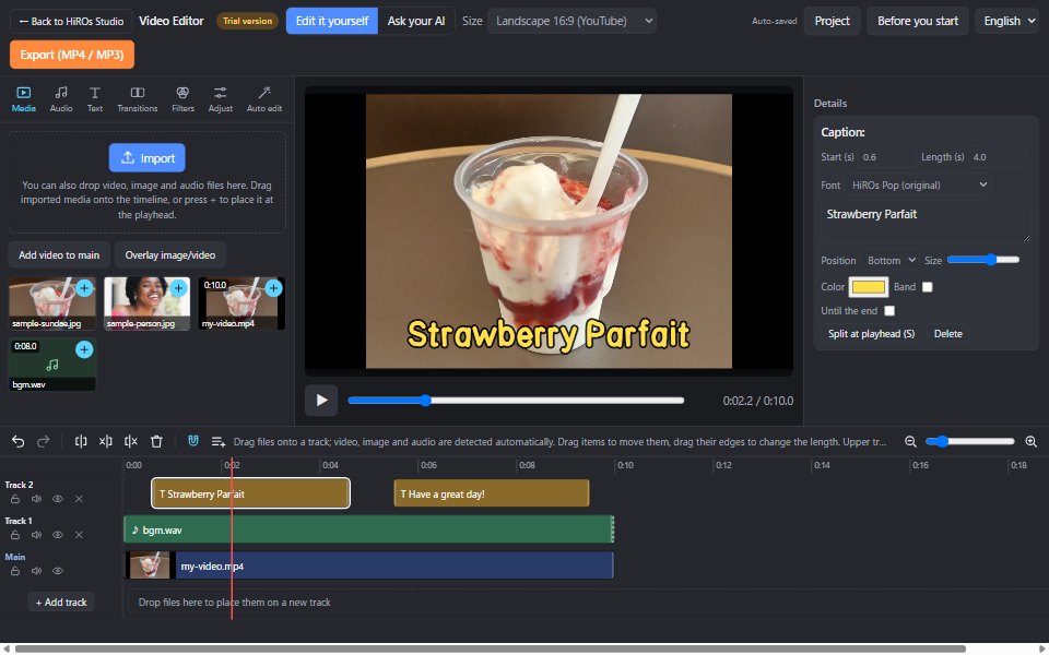 The Video Editor: media and tabs at the top left, the preview in the center, caption details on the right and the timeline with tracks at the bottom