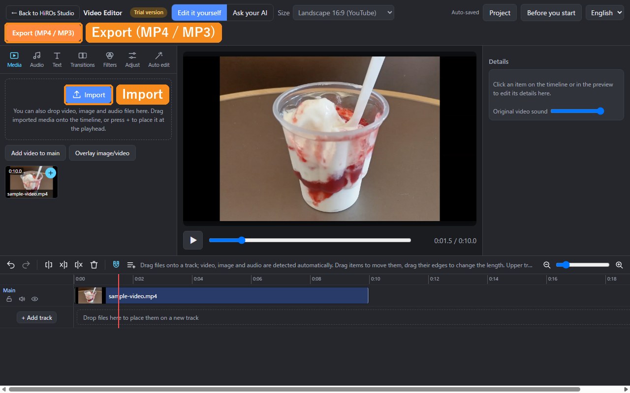 A video added to the Video Editor, with the Import button at the top left and the Export (MP4 / MP3) button at the top right