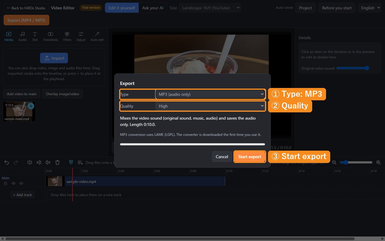 The Export dialog with MP3 (audio only) as the type and High as the quality