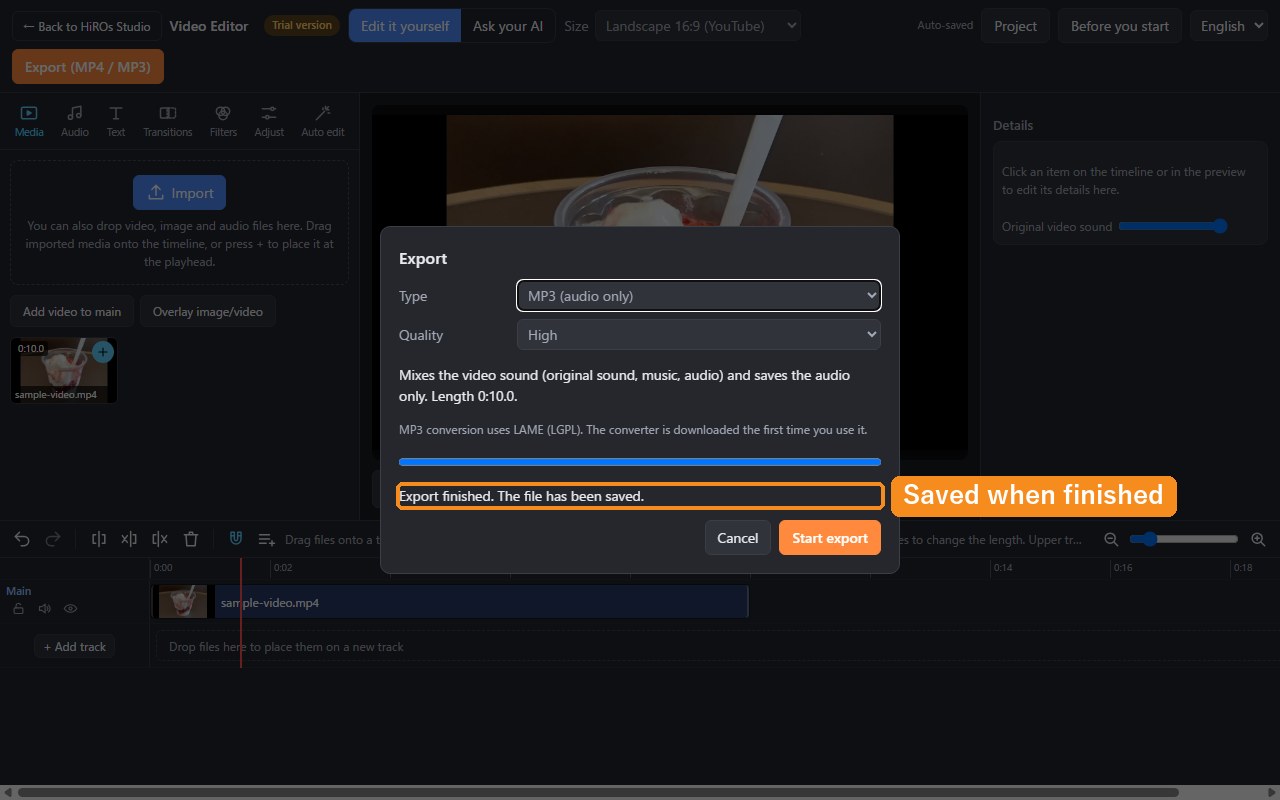The message Export finished. The file has been saved.