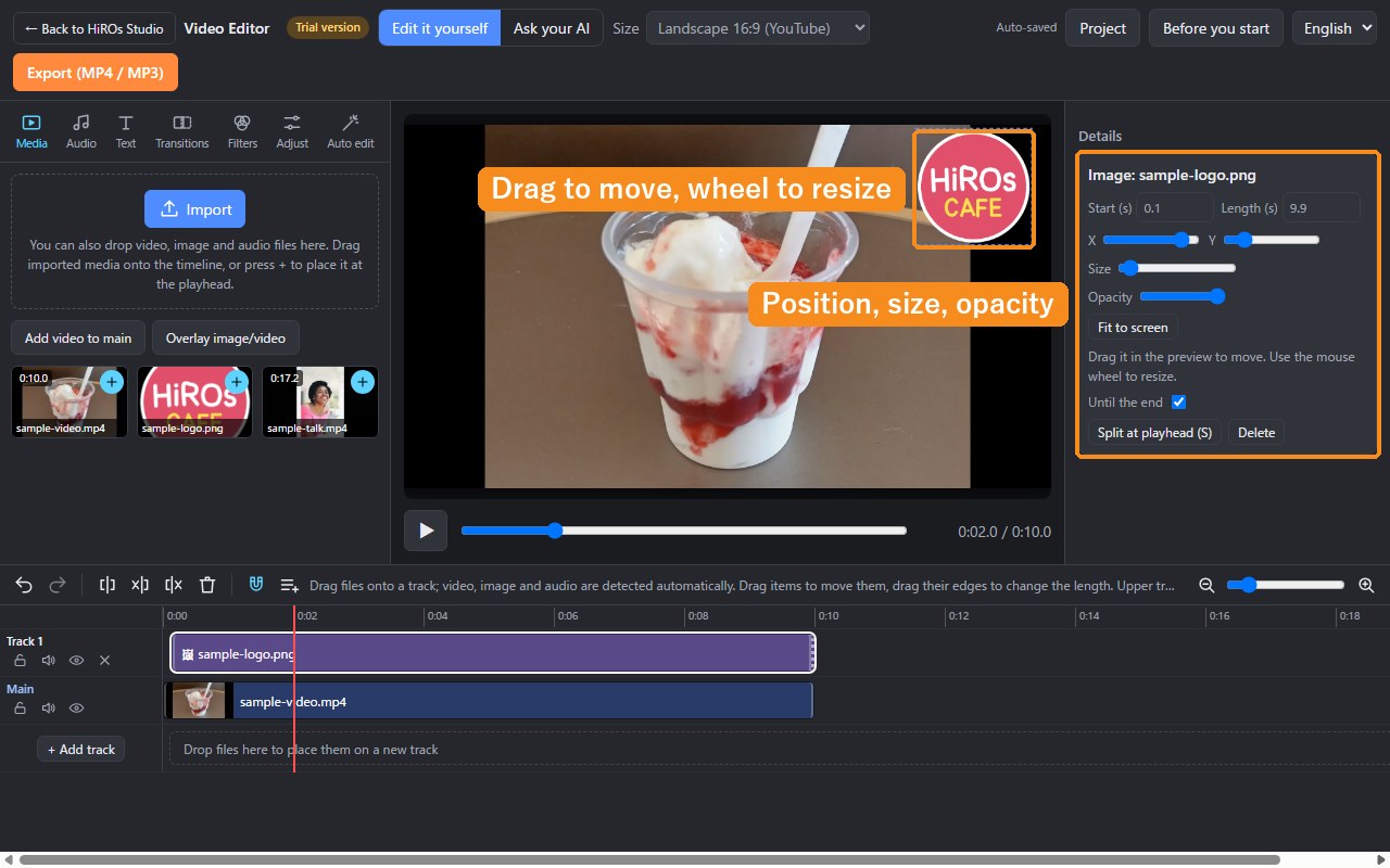 The logo selected in the preview, with X, Y, Size and Opacity sliders in Details