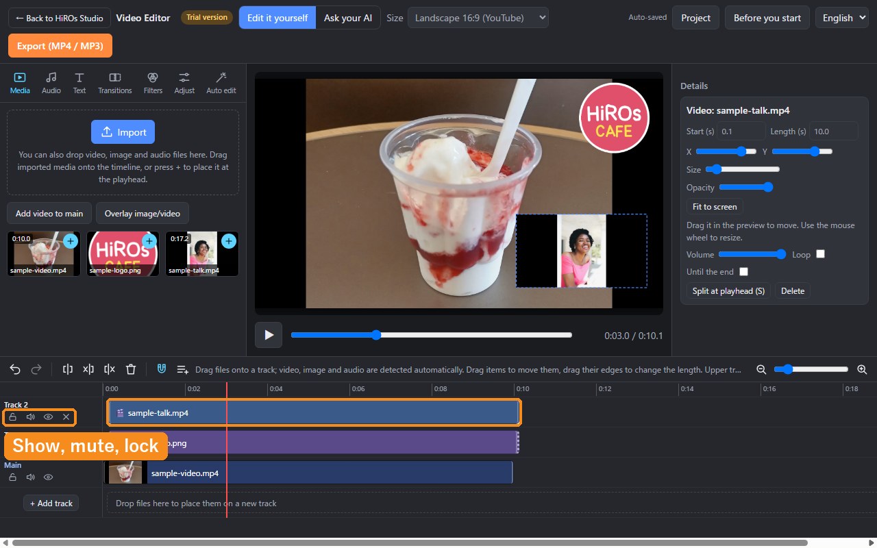 A small video layered at the bottom right of the main video; show, mute and lock buttons at the left of the track