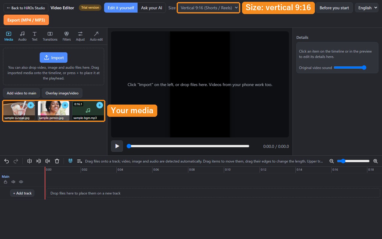 The size set to vertical 9:16, with two photos and the music in the media list