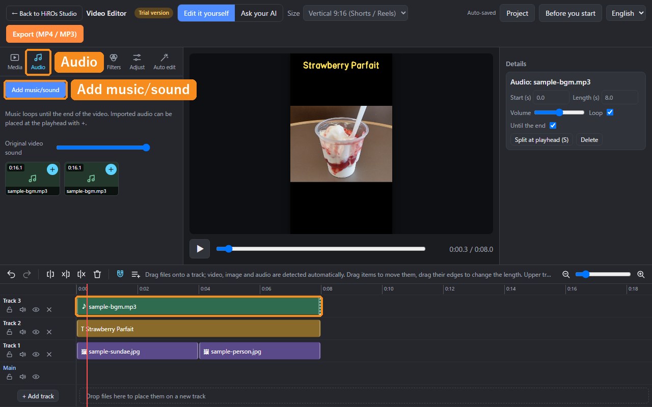 Music added from the Audio tab, shown as a green bar on the timeline