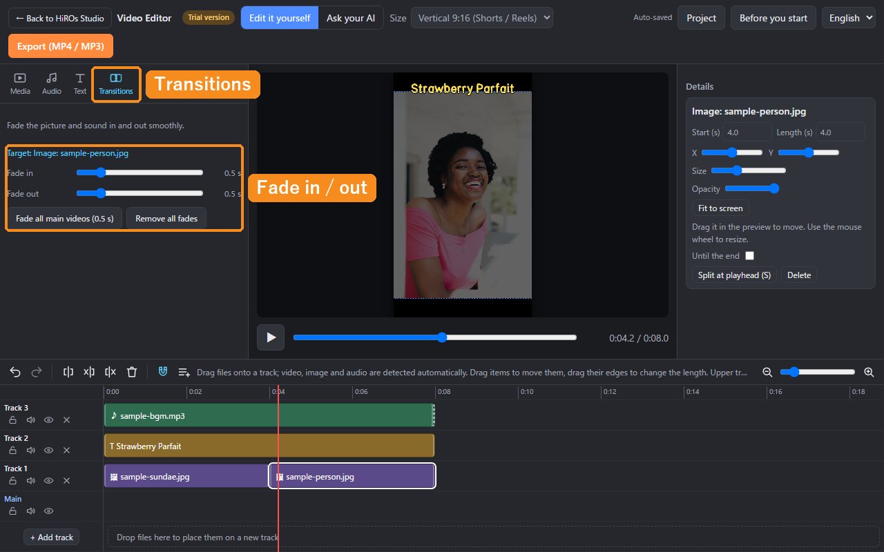 Moving the fade in and fade out sliders in the Transitions tab