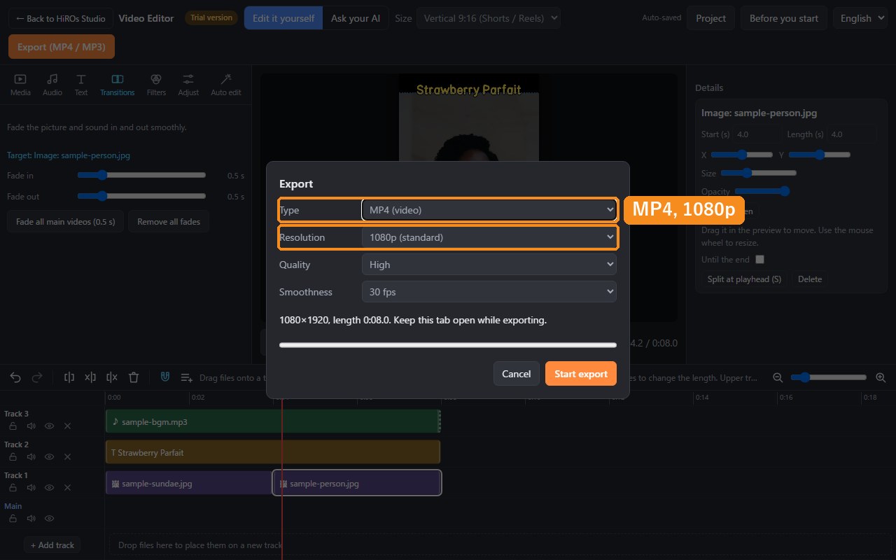 The Export dialog with MP4 and 1080p, showing 1080×1920