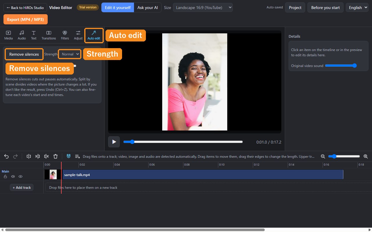 The Auto edit tab with the Remove silences button and the Strength setting; one 17-second video on the timeline