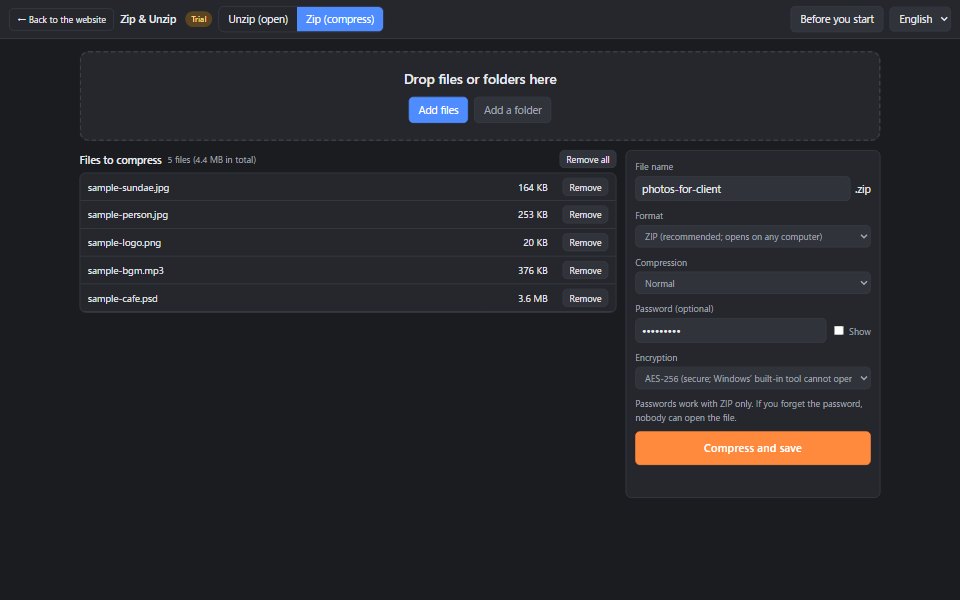The compress screen. Files to compress on the left; file name, format, compression, password, encryption and the Compress and save button on the right