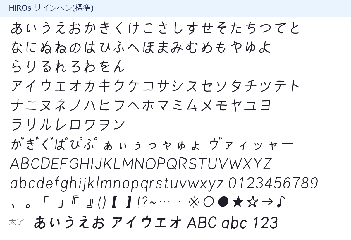 HiROs サインペンの収録文字。少し右に傾いた手書きの、ひらがな・カタカナ・英数字・記号と、太字の見本